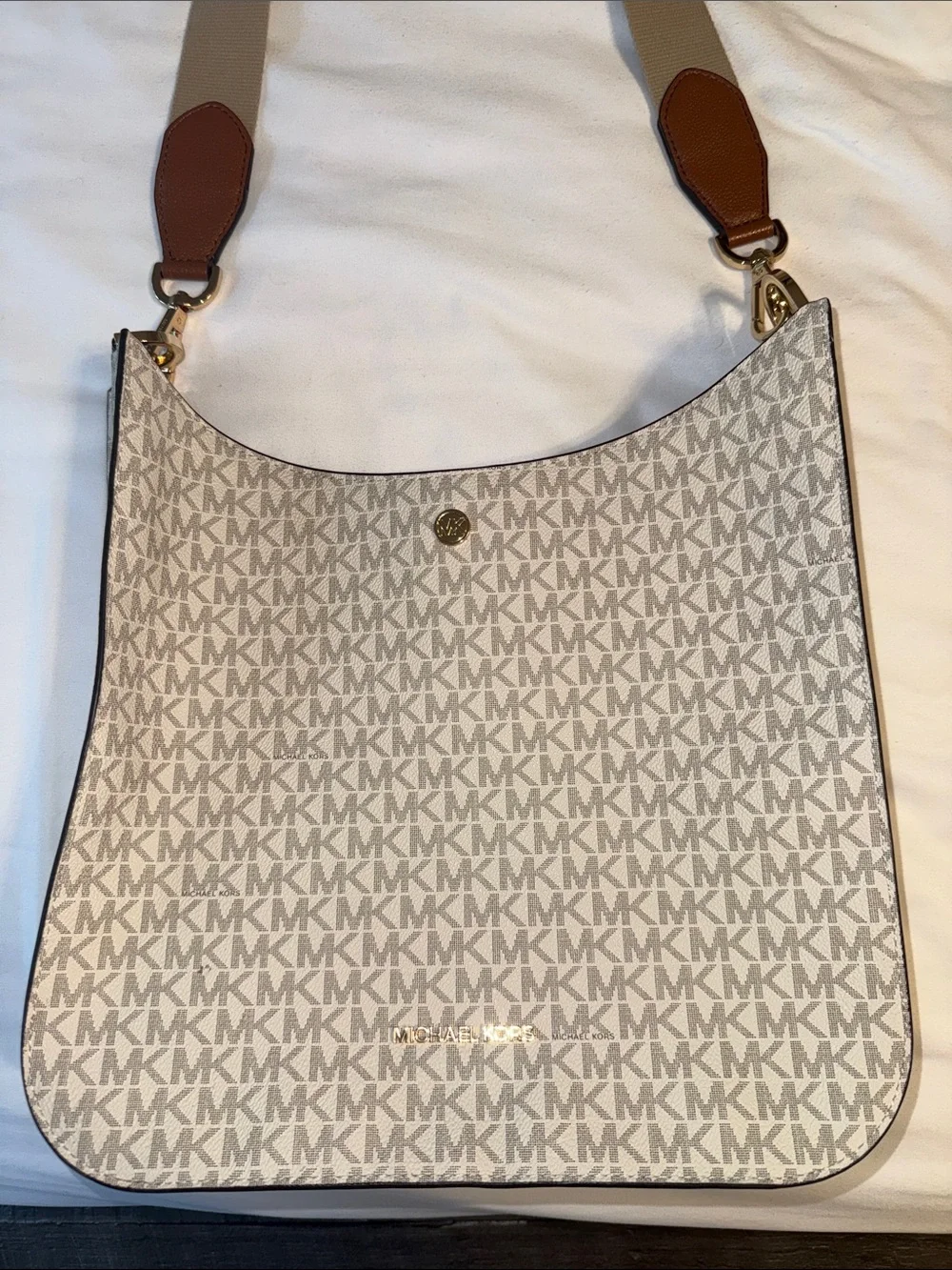 Michael Kors Cream and Brown MK Logo Crossbody Bag with Adjustable Strap